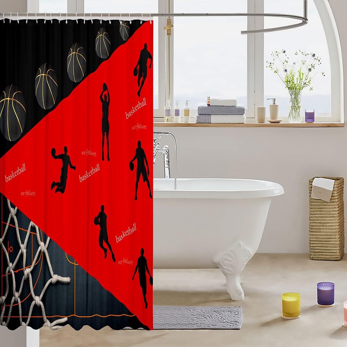 Basketball Court Patchwork Shower Curtain- Modern Sports Game Themed Waterproof Curtain - Image 3