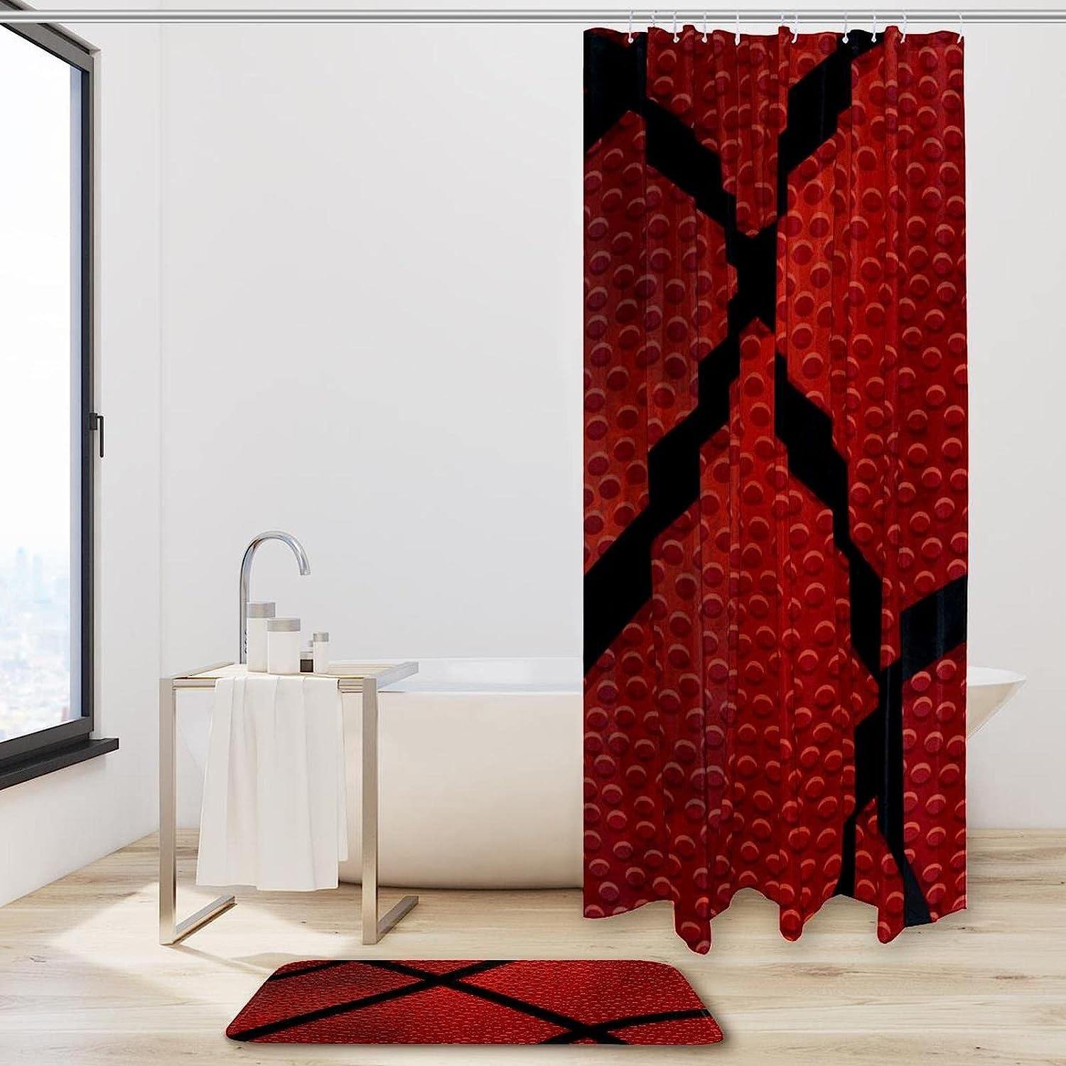Basketball Dark Texture Vector Print Shower Curtain- Sports Themed Bathroom Decor - Image 2