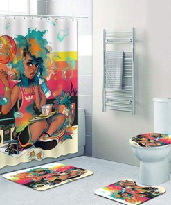 Basketball Girl with Music Headset Shower Curtain for Sporty Bathroom Decor