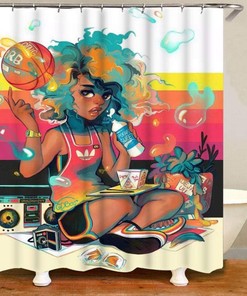 Basketball Girl with Music Headset Shower Curtain for Sporty Bathroom Decor