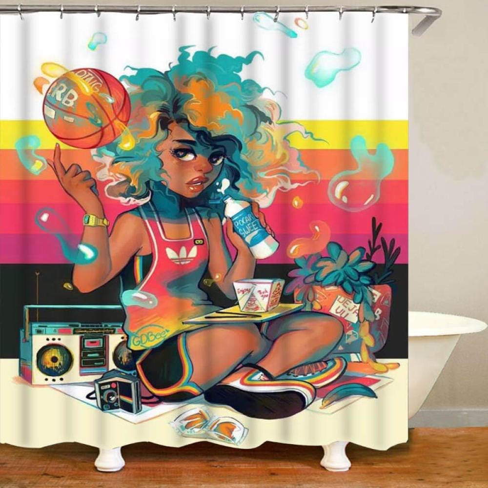 Basketball Girl with Music Headset Shower Curtain for Sporty Bathroom Decor