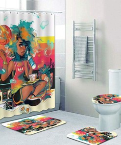 Basketball Girl with Music Headset Shower Curtain for Sporty Bathroom Decor