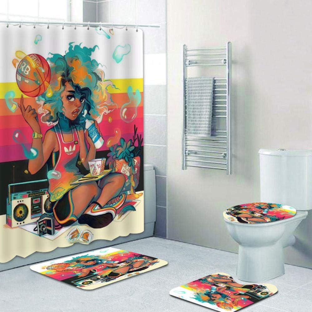 Basketball Girl with Music Headset Shower Curtain for Sporty Bathroom Decor