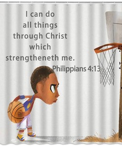 Basketball Inspirational Motto Decor Shower Curtain With Boy Holding Hoop And Bible Backdrop