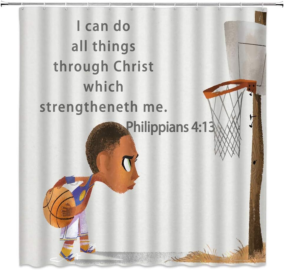 Basketball Inspirational Motto Decor Shower Curtain With Boy Holding Hoop And Bible Backdrop