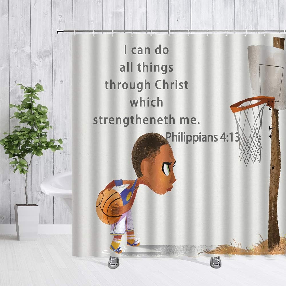 Basketball Inspirational Motto Decor Shower Curtain With Boy Holding Hoop And Bible Backdrop - Image 2