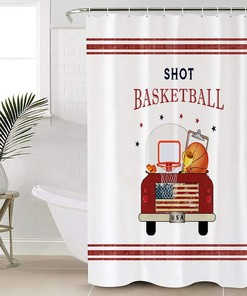 Basketball Red Truck Stars Red Lines Kids Bathroom Shower Curtain for Sports Fans