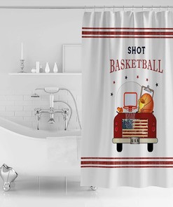 Basketball Red Truck Stars Red Lines Kids Bathroom Shower Curtain for Sports Fans