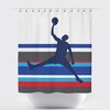 Basketball Shower Curtain With Custom Stripes In Charcoal, Red, And Blue For Boys Sports Themed Bathroom