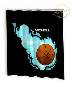 Basketball Shower Curtain With Turquoise Flames - Sports Gift For Boys Or Girls #210