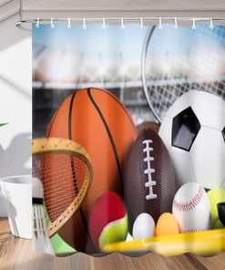 Basketball Soccer Balls Sports Shower Curtain, Waterproof Bath Curtain for Bathroom 