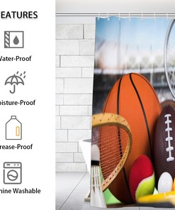 Basketball Soccer Balls Sports Shower Curtain, Waterproof Bath Curtain for Bathroom
