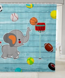 Basketball Soccer Baseball Sports Theme Cute Elephant Shower Curtain for Fun Bathroom Decor