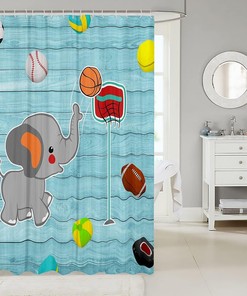 Basketball Soccer Baseball Sports Theme Cute Elephant Shower Curtain for Fun Bathroom Decor