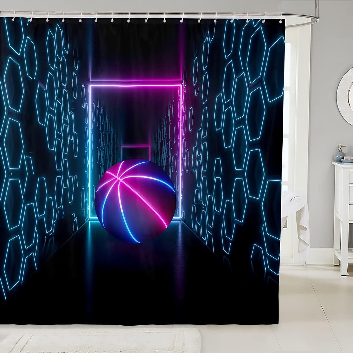 Basketball Space Honeycomb Geometric Shower Curtain, Modern Sports Bathroom Decor