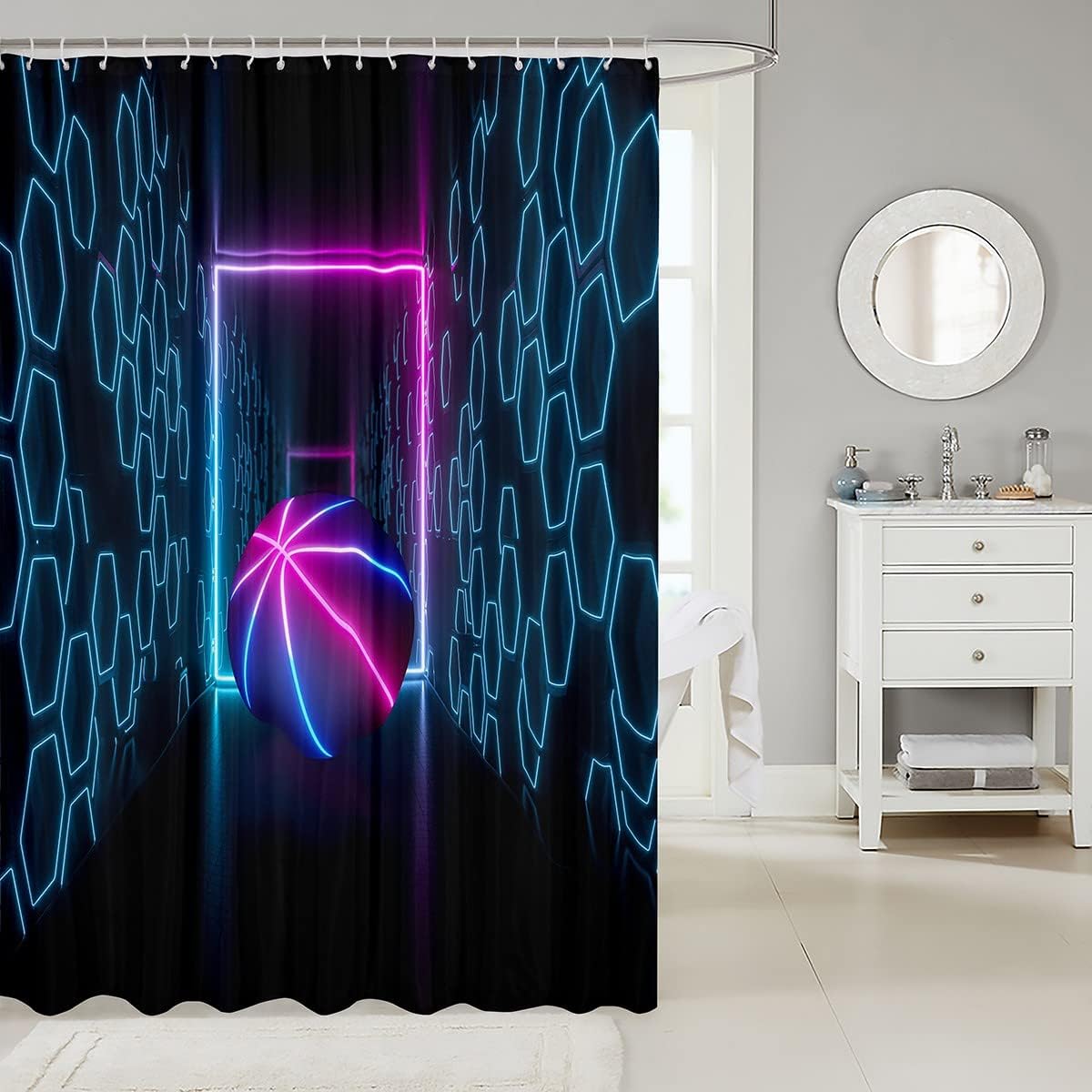 Basketball Space Honeycomb Geometric Shower Curtain, Modern Sports Bathroom Decor