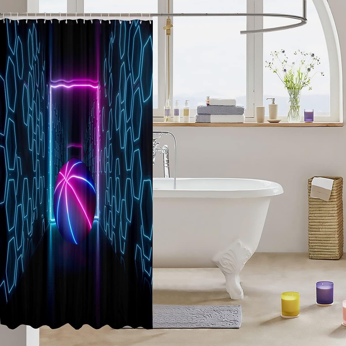 Basketball Space Honeycomb Geometric Shower Curtain, Modern Sports Bathroom Decor