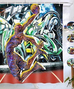 Basketball Theme Shower Curtain With Athlete Slam Dunking Basketball Hippie Funny Birthday Gift Bathroom Curtains
