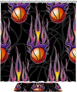 Basketball with Fire Waterproof Shower Curtain for Sporty Bathroom 
