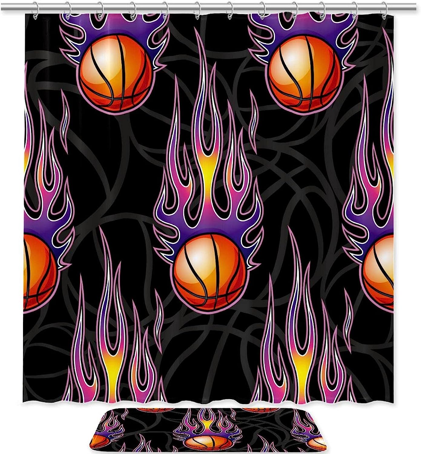 Basketball with Fire Waterproof Shower Curtain for Sporty Bathroom
