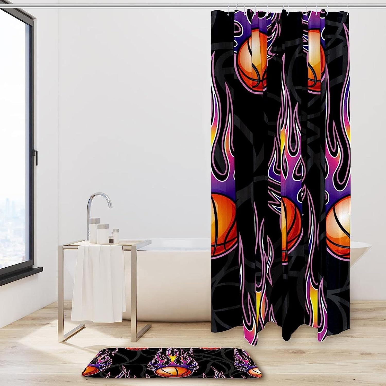 Basketball with Fire Waterproof Shower Curtain for Sporty Bathroom
