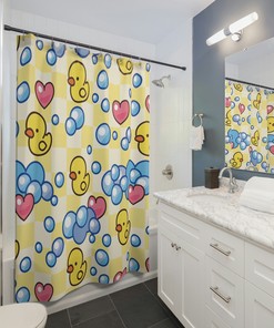 Bath Time Rubber Ducky Shower Curtain in Bubble Print