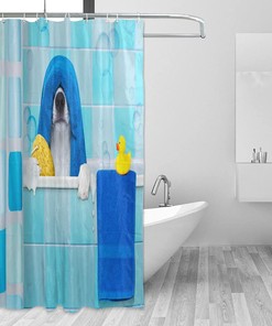 Bathing Dog Pattern Shower Curtain Modern Home Bathroom Hotel Spa Decorations Waterproof Fabric