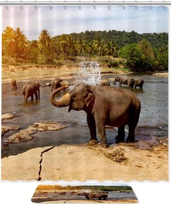 Bathing Elephants At River Water Park Shower Curtain, Waterproof Bathroom Decor