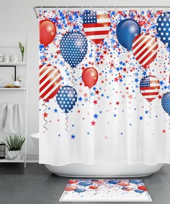 Bathroom Accessories with Blue Star Flag Balloon Independence Day Shower Curtain 