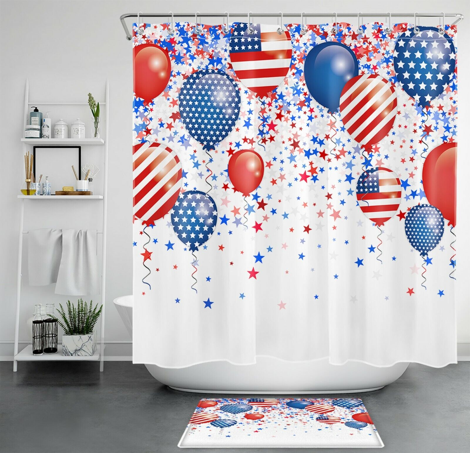 Bathroom Accessories with Blue Star Flag Balloon Independence Day Shower Curtain