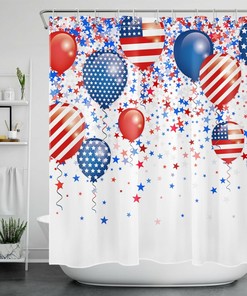 Bathroom Accessories with Blue Star Flag Balloon Independence Day Shower Curtain