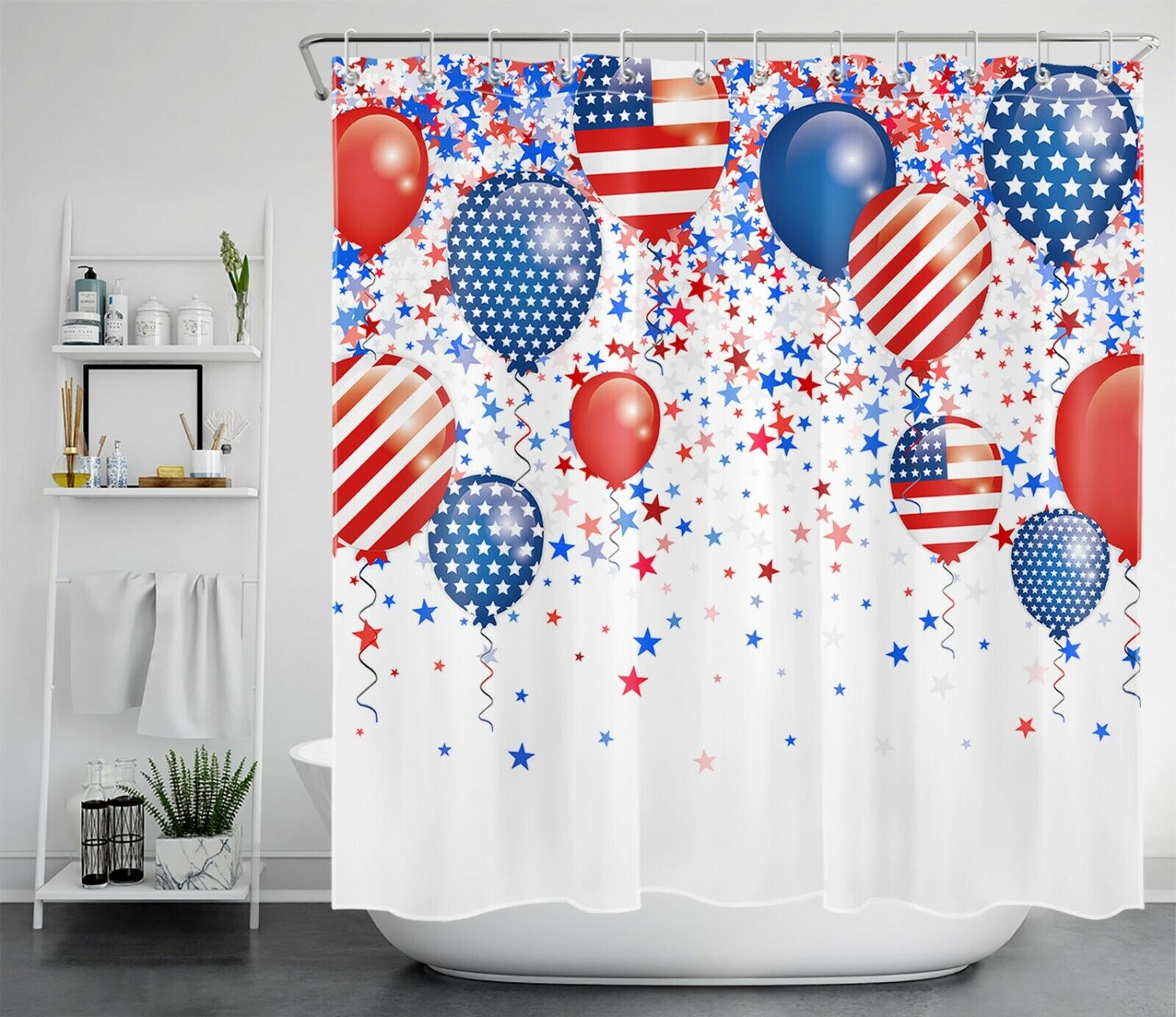 Bathroom Accessories with Blue Star Flag Balloon Independence Day Shower Curtain