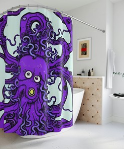 Bathroom Curtain with Purple Octopus AI Art Design Outer Space Print