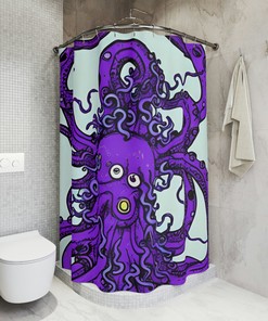 Bathroom Curtain with Purple Octopus AI Art Design Outer Space Print