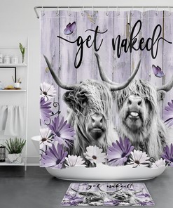 Bathroom Dcor with Retro Wood and Purple Floral Highland Cow Shower Curtain