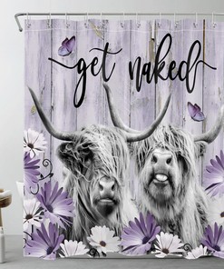 Bathroom Dcor with Retro Wood and Purple Floral Highland Cow Shower Curtain
