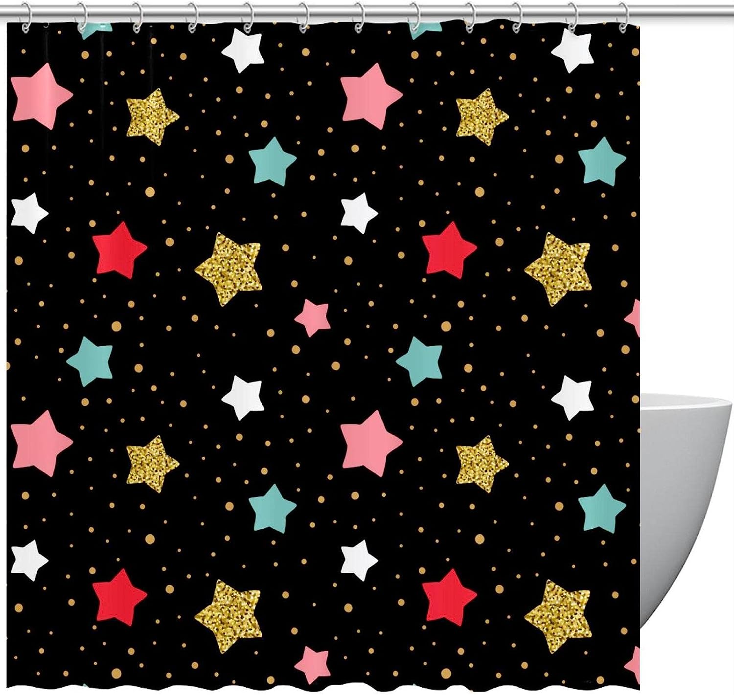 Bathroom Decorative Colorful Stars And Dots Fabric Shower Curtain, Perfect Match For Your Bathtub Decoration