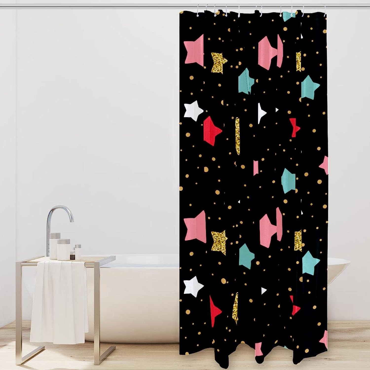 Bathroom Decorative Colorful Stars And Dots Fabric Shower Curtain, Perfect Match For Your Bathtub Decoration