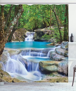 Bathroom Shower Curtain featuring Image of Asian Waterfall by Rocks in Forest Secret Paradise 