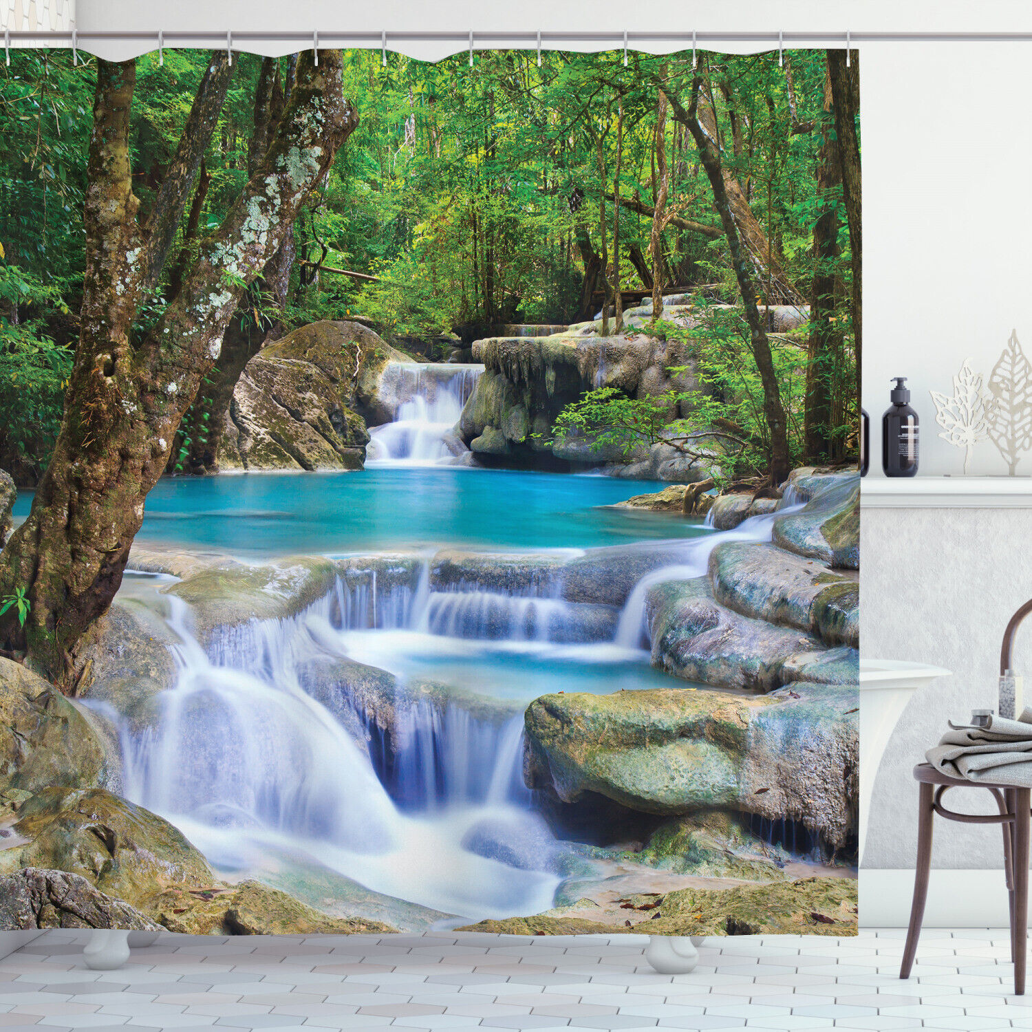Bathroom Shower Curtain featuring Image of Asian Waterfall by Rocks in Forest Secret Paradise