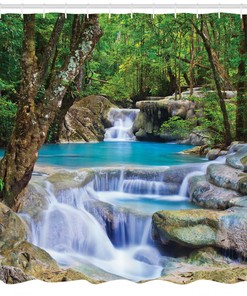 Bathroom Shower Curtain featuring Image of Asian Waterfall by Rocks in Forest Secret Paradise