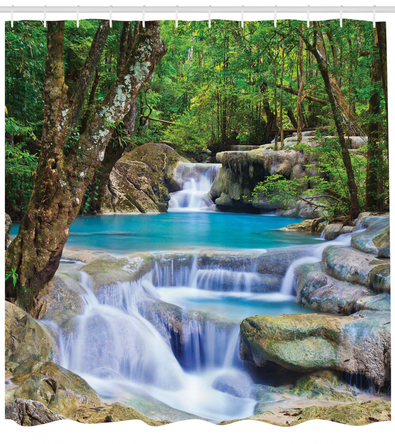 Bathroom Shower Curtain featuring Image of Asian Waterfall by Rocks in Forest Secret Paradise