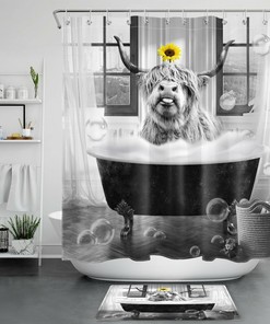 Bathtub Funny Highland Cow Sunflower Vintage Bathroom Shower Curtain