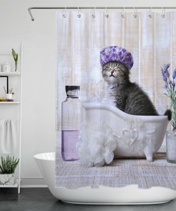 Bathtub Lavender Rustic Style Shower Curtain With Cute Cat - Funny Humor For Bathroom Decor