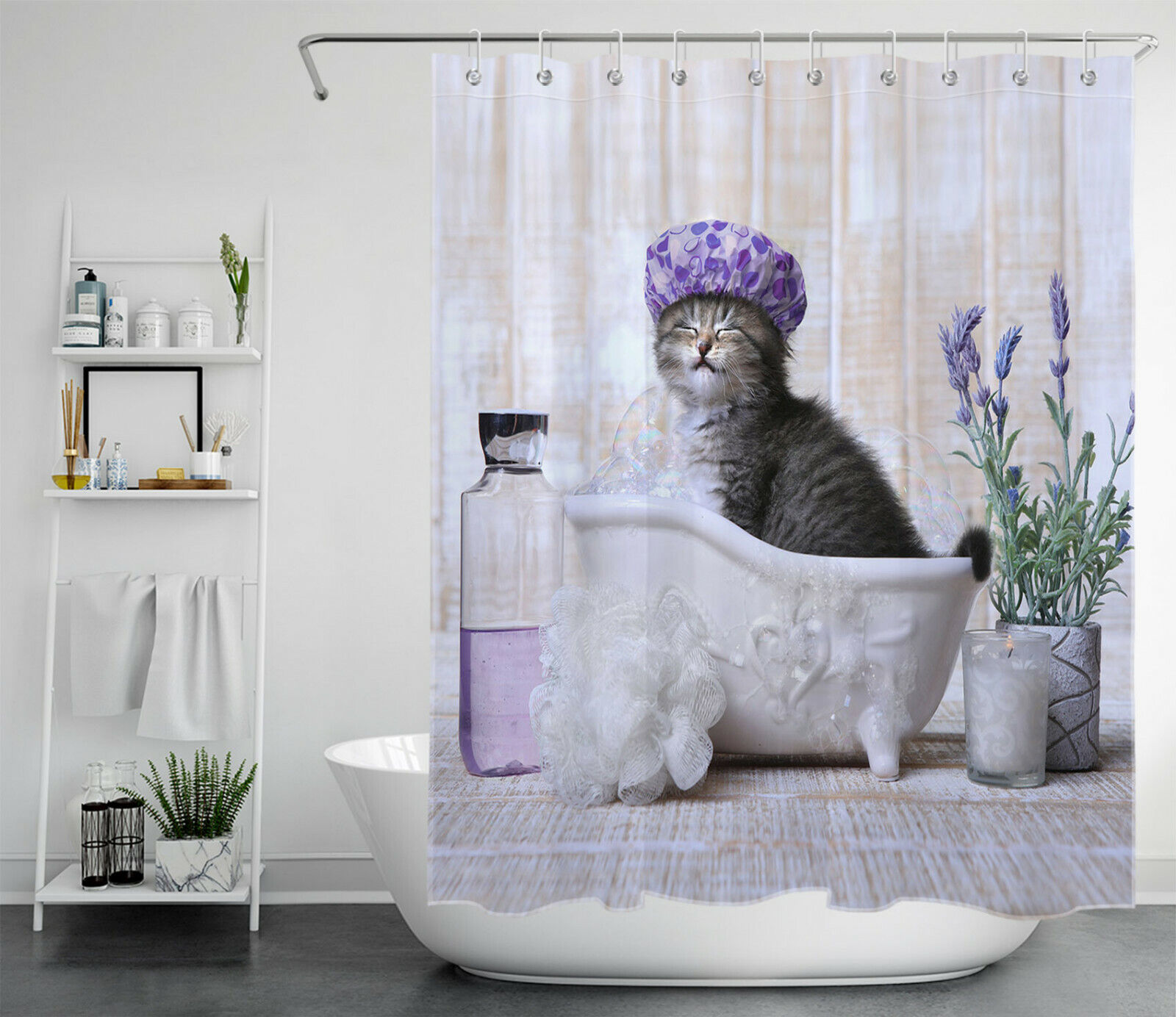 Bathtub Lavender Rustic Style Shower Curtain With Cute Cat - Funny Humor For Bathroom Decor