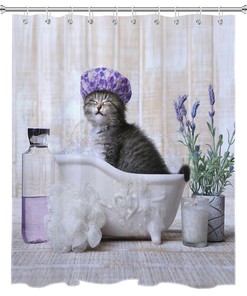 Bathtub Lavender Rustic Style Shower Curtain With Cute Cat - Funny Humor For Bathroom Decor