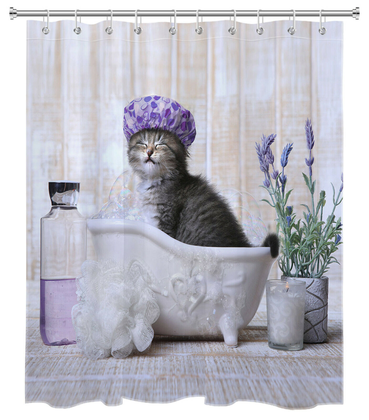 Bathtub Lavender Rustic Style Shower Curtain With Cute Cat - Funny Humor For Bathroom Decor
