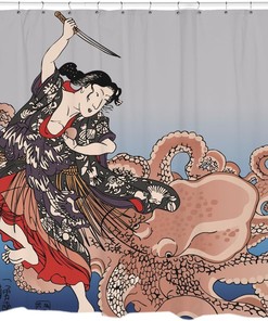 Battling The Octopus Shower Curtain with Shark and Octopus Print
