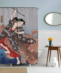 Battling The Octopus Shower Curtain with Shark and Octopus Print