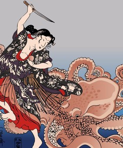 Battling The Octopus Shower Curtain with Shark and Octopus Print